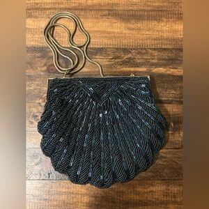 Vintage Navy Beaded Shell Clutch Art Deco Evening Bag Formal Wedding Gatsby
